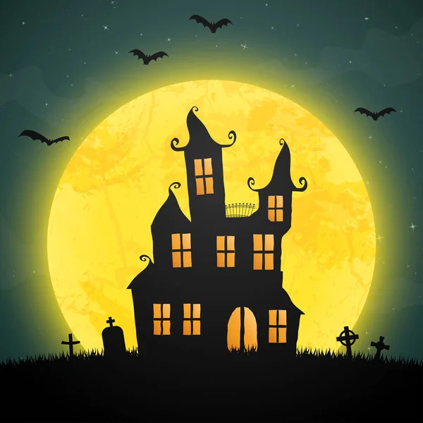 Espeluznante Castillo Halloween Con Lápidas Frente Una Luna Llena Amarilla — Vector de stock