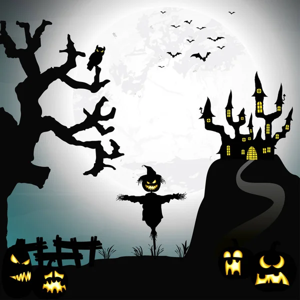 Espeluznante Castillo Halloween Una Colina Frente Una Luna Llena Blanca — Vector de stock