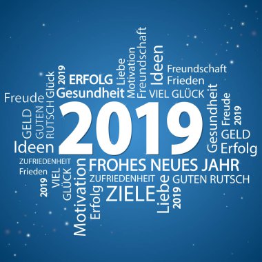 Kelime bulutu yeni yıl 2019 selamlar ve mavi arka plan ile