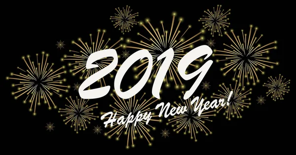 黒の背景で新年 2019年挨拶の黄金色花火コンセプト — ストックベクタ