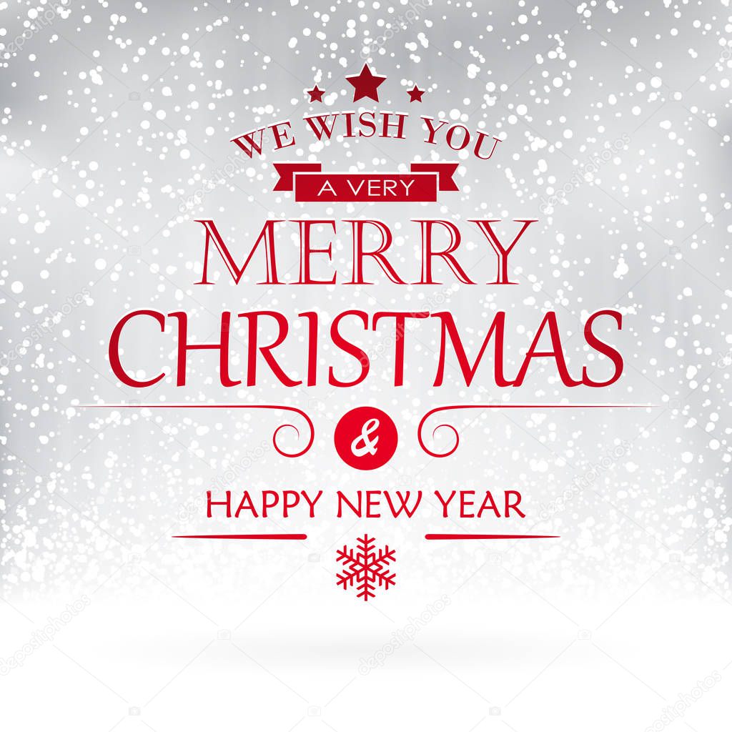 merry christmas and happy new year greetings with snow flakes background