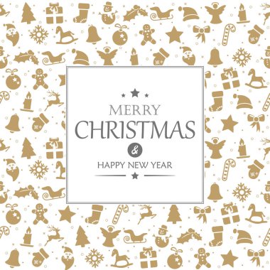 mutlu Noeller ve mutlu yeni yıl tebrik arka plan üzerinde oluşur tipik Noel simgeleri