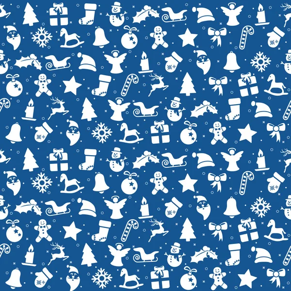 无缝的圣诞节背景蓝色包括典型的圣诞节图标 如圣诞老人 姜饼人 — 图库矢量图片