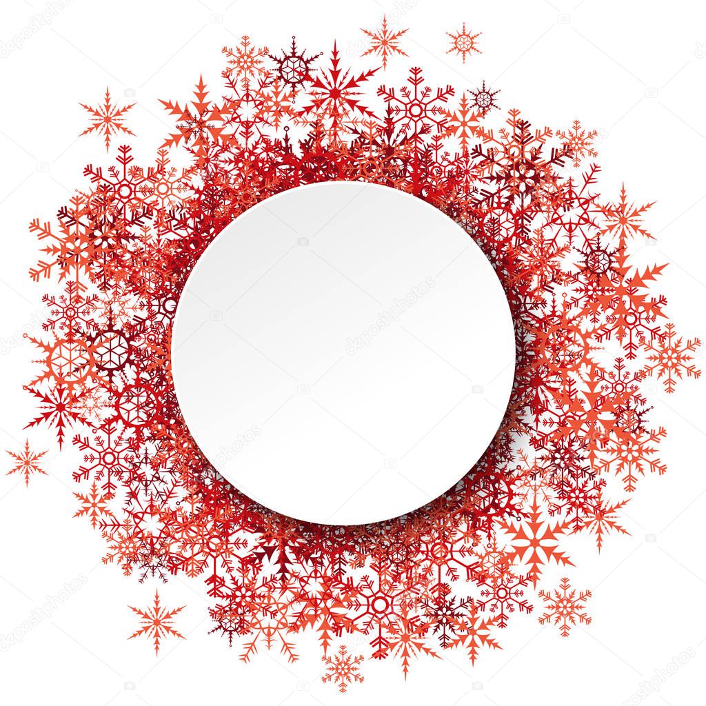 red snowflakes behind empty round frame for christmas winter greetings on white background