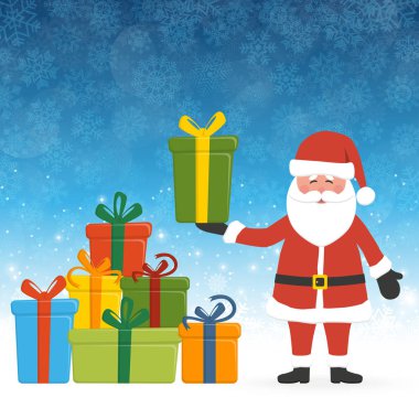 Noel Baba hediye tutarak konseptiyle, renkli hediyeler ve mavi kar yığını düşmek Noel zaman tebrik için arka plan