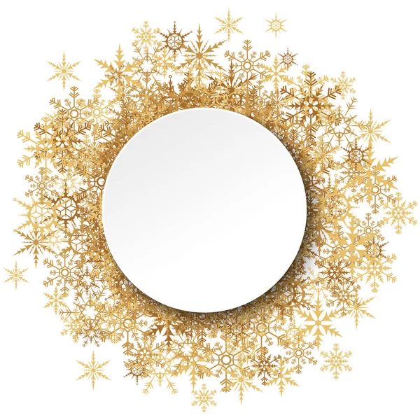 Flocos Neve Dourados Atrás Moldura Redonda Vazia Para Cumprimentos Natal —  Vetores de Stock