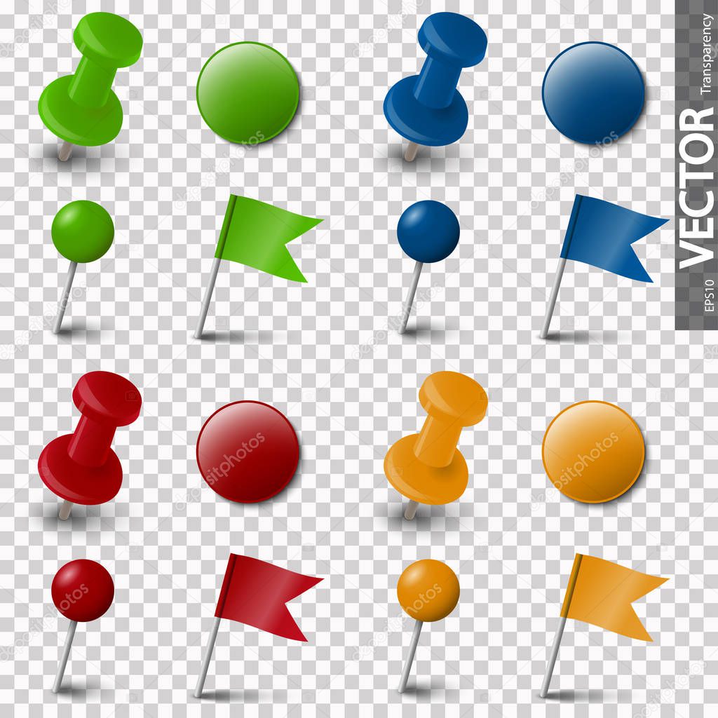 collection of different pin needle office supplies in various colors with vector transparency