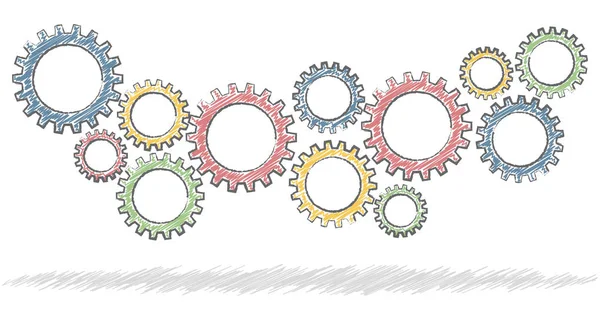 Farbig Gekritzelte Zahnräder Für Zusammenarbeit Oder Teamwork Symbolik — Stockvektor