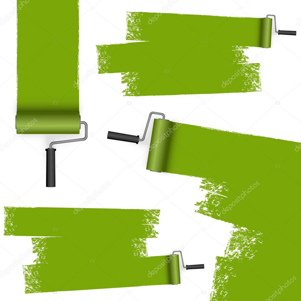 isolated on white background paint roller with painted markings colored green