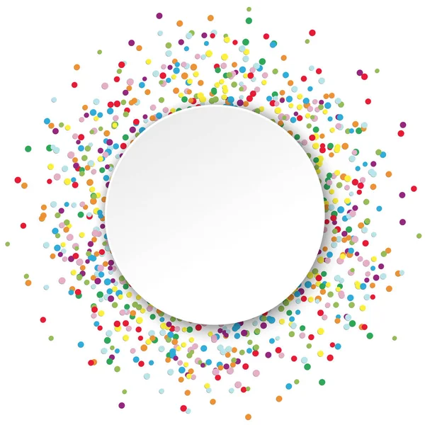 彩色五彩纸屑背后空圆形框架为党或狂欢节问候在白色背景 — 图库矢量图片