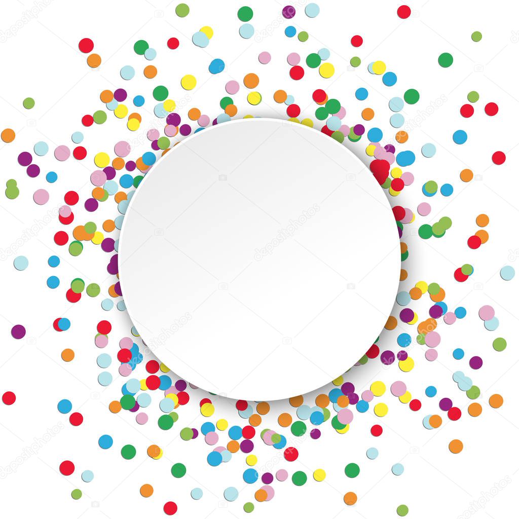 colored confetti behind empty round frame for party or carnival greetings on white background