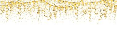 vector illustration of seamless golden colored confetti, garlands and streamers on white background for party or carnival usage clipart