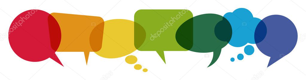 illustration of colored speech bubbles in a row with space for text