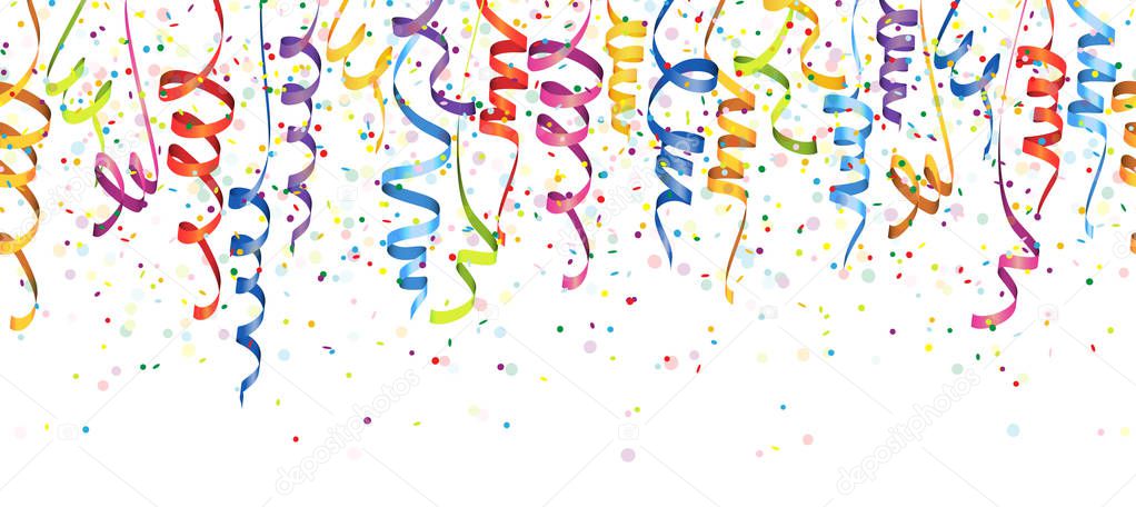 vector illustration of seamless multi colored confetti and streamers for carneval or party time on white background