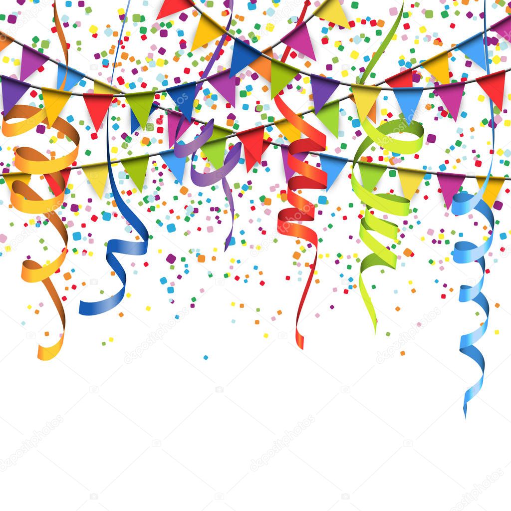 vector illustration of colored confetti, garlands and streamers on white background for party or carnival usage