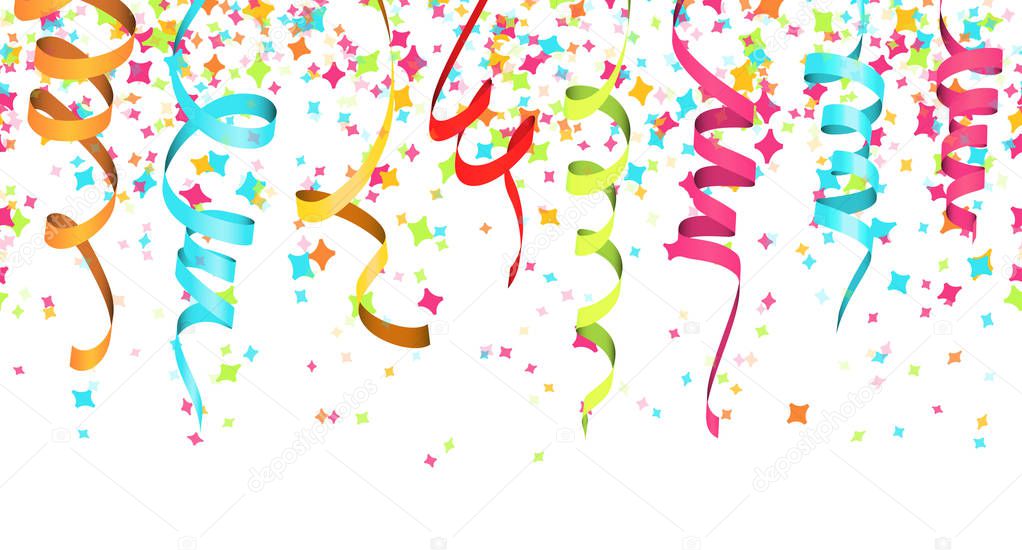 vector illustration of seamless colored confetti and streamers on white background for party or carnival usage