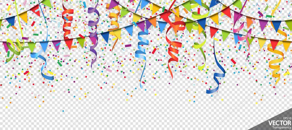 illustration of seamless colored confetti, garlands and streamers background for party or carnival usage with transparency in vector file