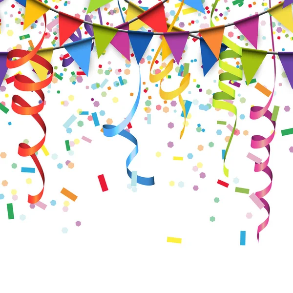 Colored confetti, streamers and garlands background — Stock Vector