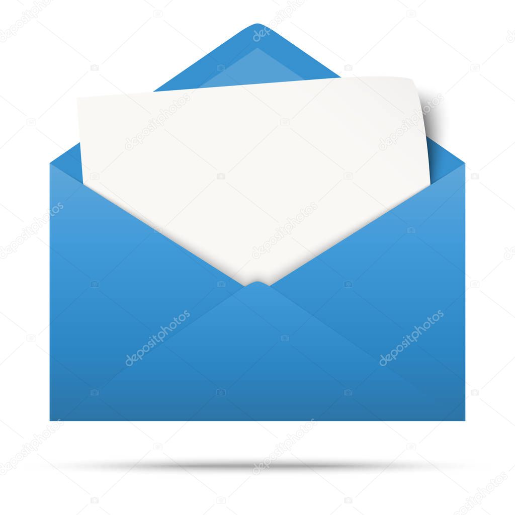 Vector illustration with blue colored envelope with white empty paper isolated on white background