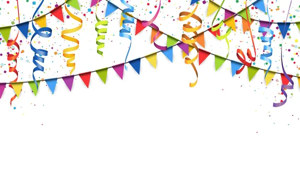 Confettis colorés, banderoles et guirlandes fond — Image vectorielle