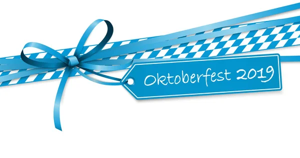 Oktoberfest laço fita azul com etiqueta pendurada 2019 — Vetor de Stock