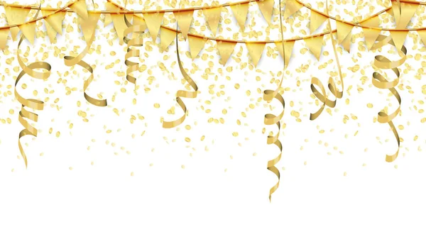 Seamless golden colored confetti, streamers and garlands backgro — Stock Vector