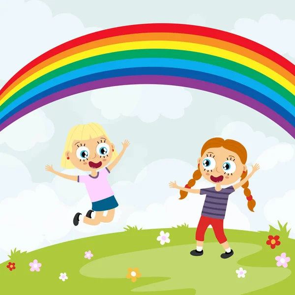 Sommerliche fröhliche Kinder haben Spaß vor dem Regenbogen — Stockvektor