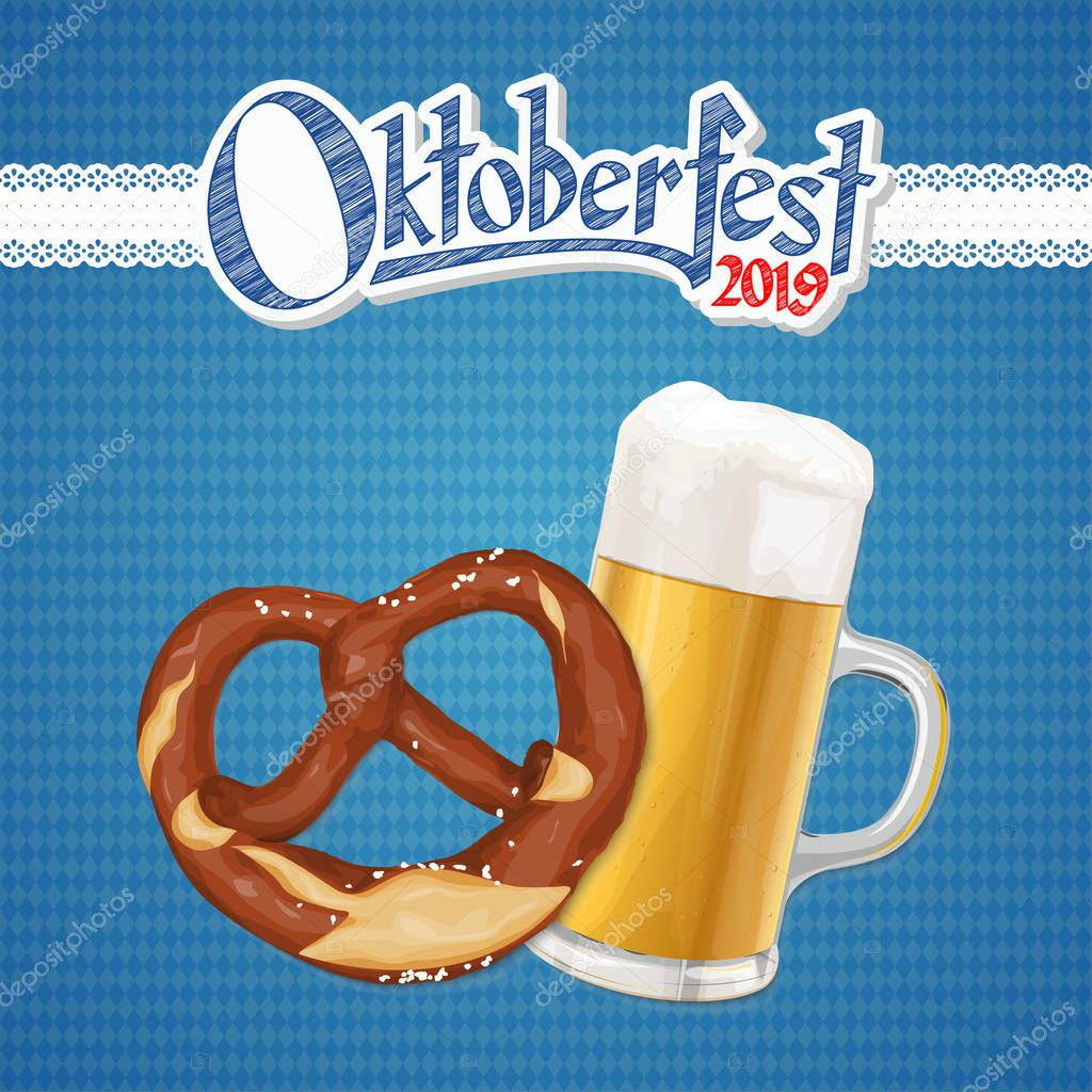Oktoberfest background 2019 with pretzel and beer