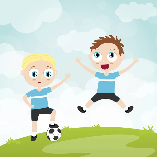 Bola feliz jogando crianças - dois jogadores de futebol — Vetor de Stock