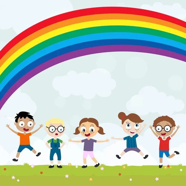 L'heure d'été enfants heureux s'amuser devant l'arc-en-ciel — Image vectorielle