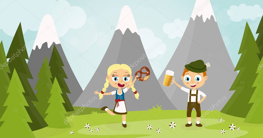 Oktoberfest man and woman with beer and pretzel