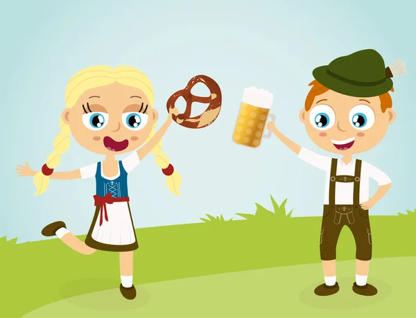Oktoberfest man and woman with beer and pretzel — Stock Vector