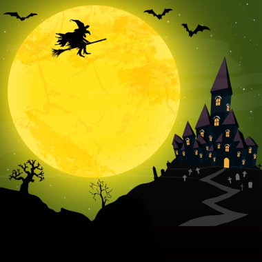 Cadılar Bayramı kale ve cadı dolunay önünde