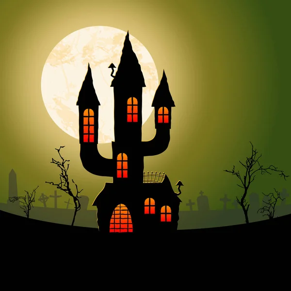 Halloween assustador castelo na frente da lua cheia — Vetor de Stock