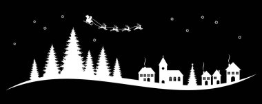 Noel Baba, ren geyiği, kilise ve kozalaklı ağaçlar.