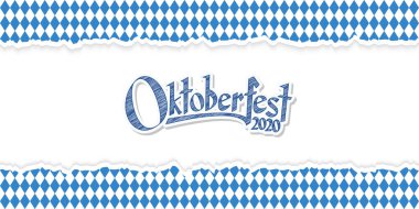 Yırtık kağıtlarla Oktoberfest arka planında mavi-beyaz kareli desen ve metin Oktoberfest 2020