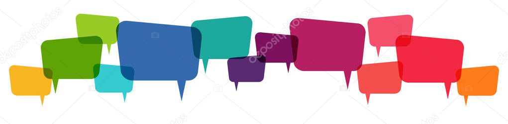 illustration of colored speech bubbles in a row with space for text symbolizing communication process