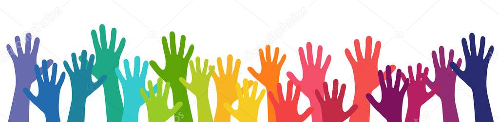 illustration of many colored people stretch their hands up symbolizing cooperation or diversity friendship