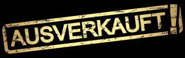 Çerçeveli altın grunge damgası, büyük ünlem işareti ve satılmış metin (Almanca)