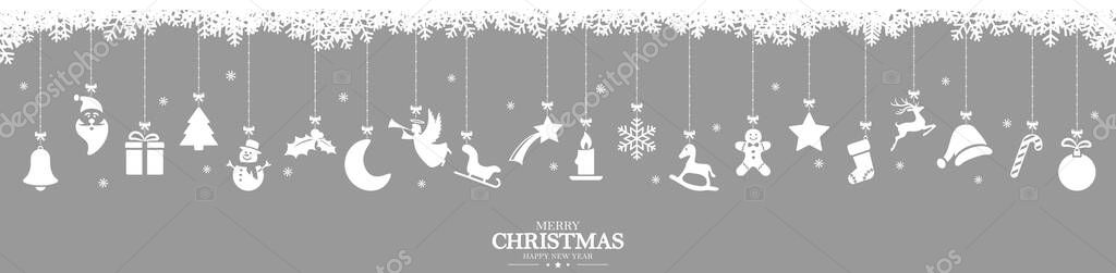 different abstract hanging icons colored white for christmas and winter time concepts, snow flakes on top side and Christmas and New Year greeting
