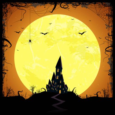 Dolunayın önündeki karanlık şatoda Cadılar Bayramı arka plan planları için çizilmiş korkunç elementler var