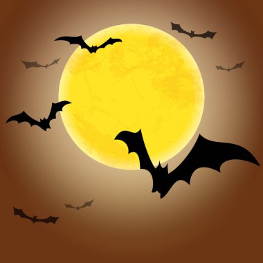 Dolunayın önünde ürkütücü karanlık yarasalar. Cadılar Bayramı arka plan planları için bedava metin alanı.