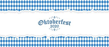 Yırtık kağıtlarla Oktoberfest arka planında mavi-beyaz kareli desen ve metin Oktoberfest 2020