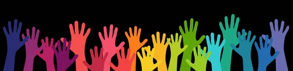 许多有色人种举手表决象征着合作或多样性的友谊 — 图库矢量图片