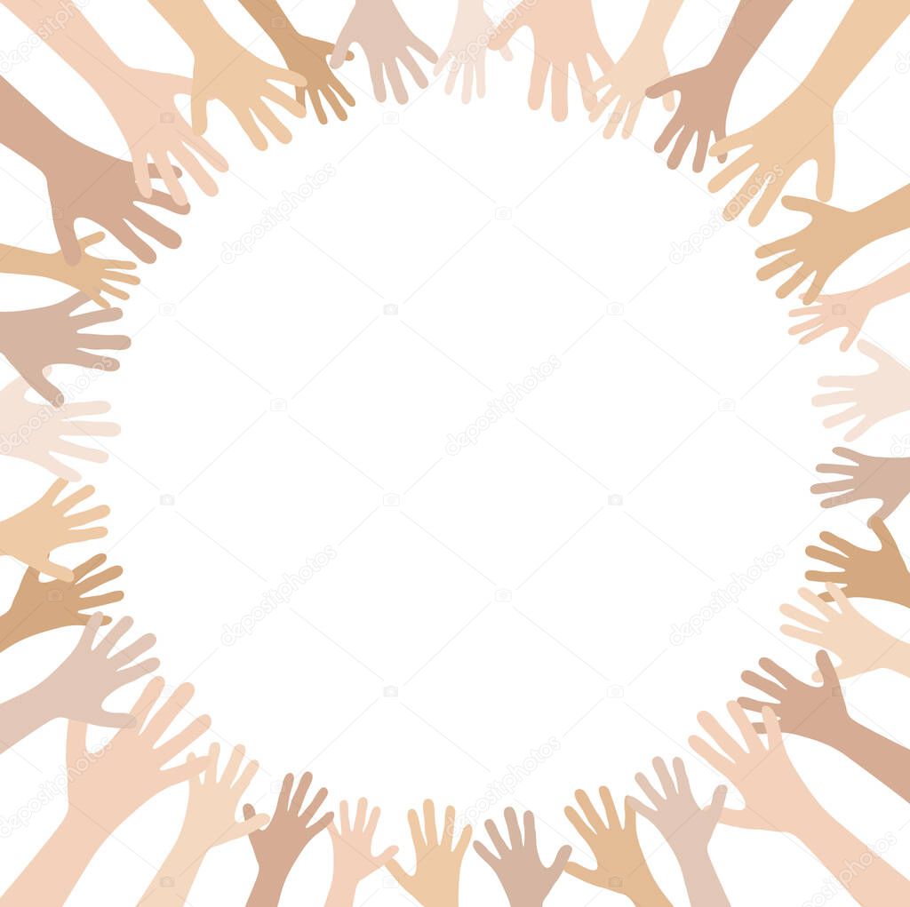 EPS vector illustration of many different skin colored people stretch their hands up in a circle symbolizing cooperation or diversity friendship