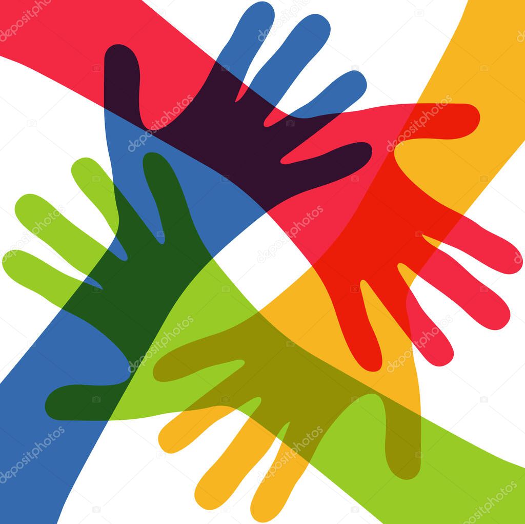 EPS 10 vector illustration of four different colored people stretch out their hands symbolizing cooperation or diversity friendship