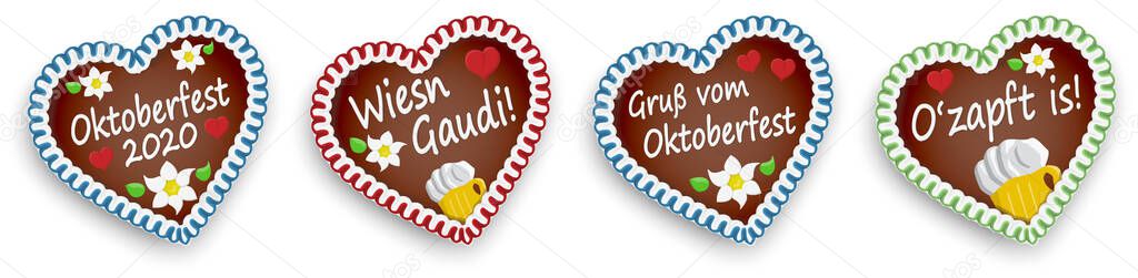 four illustrated gingerbread hearts with text in german for Oktoberfest 2020 2021 time
