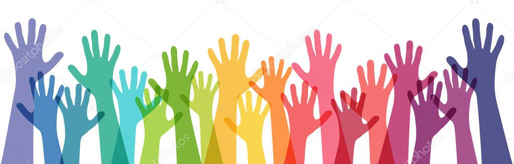 EPS vector illustration of many different colored people stretch their hands up symbolizing cooperation or diversity friendship