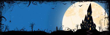 dark castle in front of full moon with scary illustrated elements for Halloween background layouts clipart