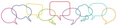 illustration of outlined colored speech bubbles in a row with space for text symbolizing communication process with white background clipart